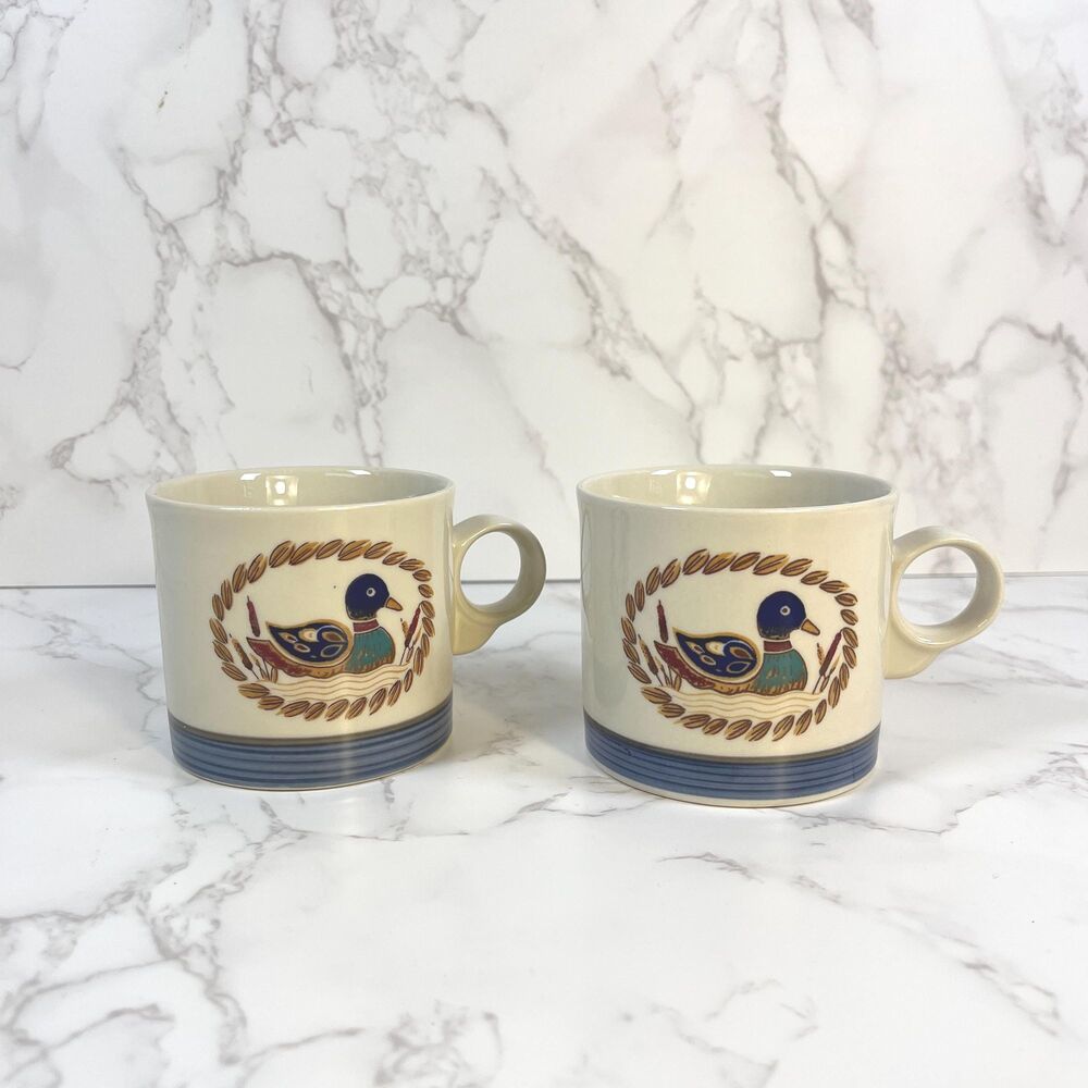 Set of 2 Vintage Epoch American Decoy Mugs, Mallard Duck Stoneware Cups, Korea